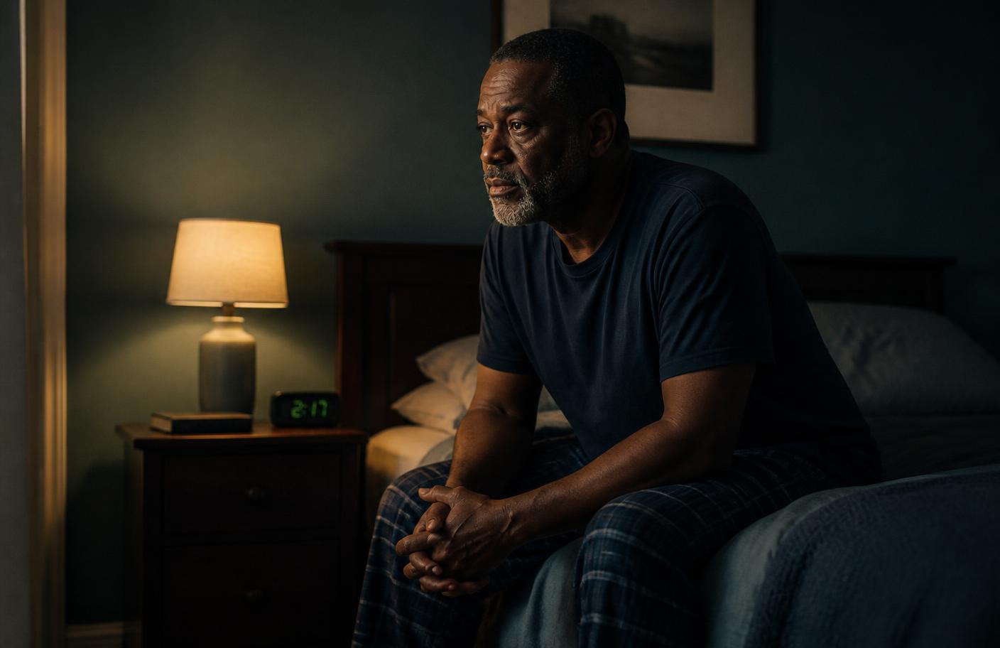 Man in his late fifties sitting on the edge of his bed at night