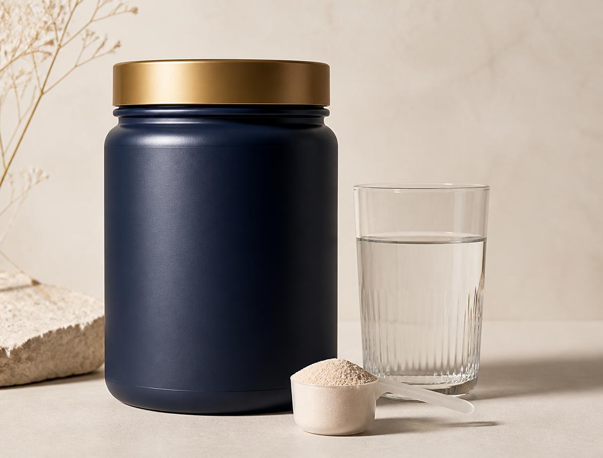Supplement powder jar with a scoop and a glass of water